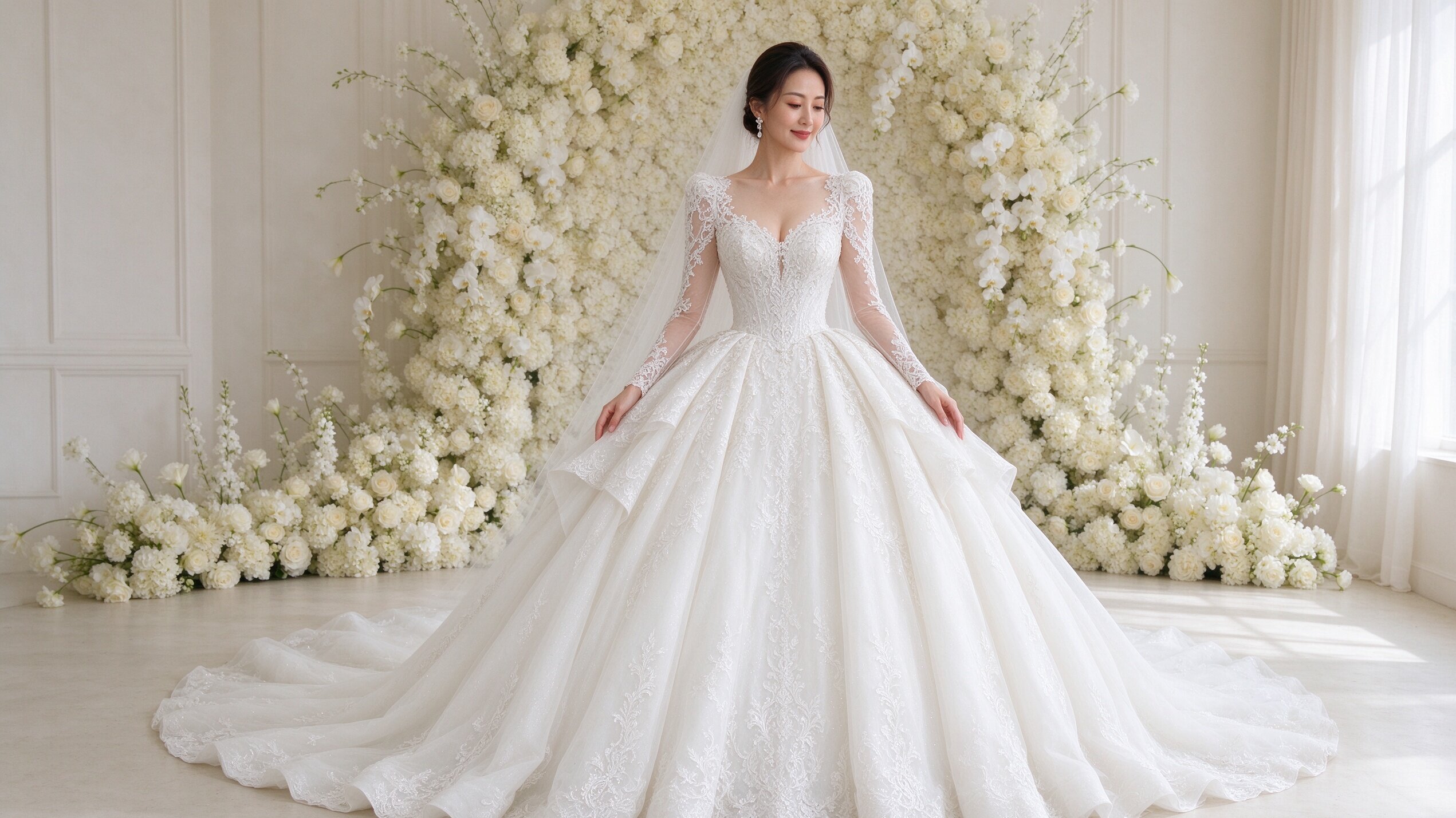 Close-up of bridal dress fabric, lace patterns and beading craftsmanship